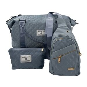 Zuomanni 3pc Quilted Travel Set Duffel Sling Bag Pouch Blue Shoe Compartment